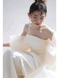 Niulatu Mermaid Off The Shoulder Long Tulle White Wedding Dresses With Ruffles HZ1110