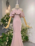 Niulatu Sheath High Neckline Pink Satin Silver Beads Long Prom Dresses HZ1110