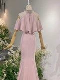 Niulatu Sheath High Neckline Pink Satin Silver Beads Long Prom Dresses HZ1110