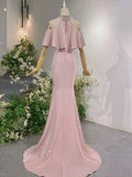 Niulatu Sheath High Neckline Pink Satin Silver Beads Long Prom Dresses HZ1110