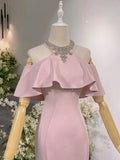 Niulatu Sheath High Neckline Pink Satin Silver Beads Long Prom Dresses HZ1110