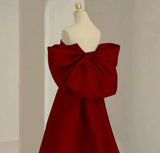 Niulatu A Line Off The Shoulder Satin Burgundy Prom Dress Long Evening Dresses With Bow HZ1110