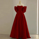 Niulatu A Line Off The Shoulder Satin Burgundy Prom Dress Long Evening Dresses With Bow HZ1110
