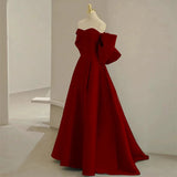 Niulatu A Line Off The Shoulder Satin Burgundy Prom Dress Long Evening Dresses With Bow HZ1110
