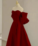 Niulatu A Line Off The Shoulder Satin Burgundy Prom Dress Long Evening Dresses With Bow HZ1110