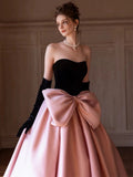 Niulatu Ball Gown Strapless Pink Prom Dress With Bow Long Evening Dresses HZ1110