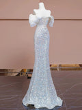 Niulatu Sheath Off The Shoulder Silver Sequins Long Prom Dresses HZ1110