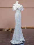 Niulatu Sheath Off The Shoulder Silver Sequins Long Prom Dresses HZ1110