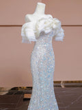 Niulatu Sheath Off The Shoulder Silver Sequins Long Prom Dresses HZ1110