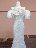 Niulatu Sheath Off The Shoulder Silver Sequins Long Prom Dresses HZ1110