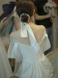 Niulatu A Line Off The Shoulder Long Lace White Wedding Dresses With Slit HZ1110