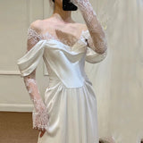 Niulatu A Line Off The Shoulder Long Lace White Wedding Dresses With Slit HZ1110