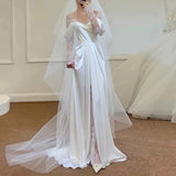 Niulatu A Line Off The Shoulder Long Lace White Wedding Dresses With Slit HZ1110