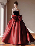 Niulatu Ball Gown Strapless Burgundy Prom Dress With Bow Long Prom Dresses HZ1110