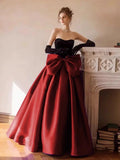 Niulatu Ball Gown Strapless Burgundy Prom Dress With Bow Long Prom Dresses HZ1110