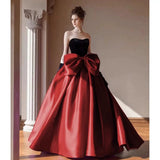 Niulatu Ball Gown Strapless Burgundy Prom Dress With Bow Long Prom Dresses HZ1110