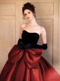 Niulatu Ball Gown Strapless Burgundy Prom Dress With Bow Long Prom Dresses HZ1110
