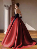 Niulatu Ball Gown Strapless Burgundy Prom Dress With Bow Long Prom Dresses HZ1110