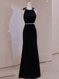 Niulatu Sheath Sleeveless Black Velvet Backless Long Prom Dresses HZ1110