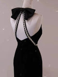 Niulatu Sheath Sleeveless Black Velvet Backless Long Prom Dresses HZ1110