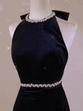 Niulatu Sheath Sleeveless Black Velvet Backless Long Prom Dresses HZ1110