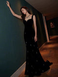 Niulatu Sheath Straps Sleeveless Black Velvet Silver Beads Long Prom Dresses HZ1110