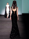 Niulatu Sheath Straps Sleeveless Black Velvet Silver Beads Long Prom Dresses HZ1110