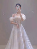 Niulatu A Line Off The Shoulder Straps Long Lace White Wedding Dresses HZ1110