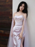 Niulatu Sheath Off The Shoulder Lilac Silk Satin Long Prom Dresses HZ1110