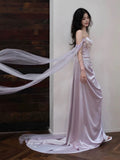 Niulatu Sheath Off The Shoulder Lilac Silk Satin Long Prom Dresses HZ1110