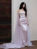 Niulatu Sheath Off The Shoulder Lilac Silk Satin Long Prom Dresses HZ1110