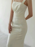 Niulatu Sheath Straps Long Satin White Wedding Dresses HZ1110