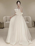 Niulatu A line Strapless Long Satin White Wedding Dresses With Bow HZ1110