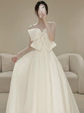 Niulatu A line Strapless Long Satin White Wedding Dresses With Bow HZ1110
