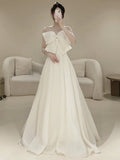 Niulatu A line Strapless Long Satin White Wedding Dresses With Bow HZ1110