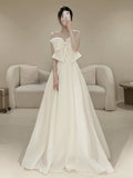 Niulatu A line Strapless Long Satin White Wedding Dresses With Bow HZ1110