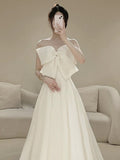 Niulatu A line Strapless Long Satin White Wedding Dresses With Bow HZ1110