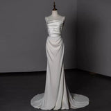 Niulatu Sheath Straps Long Satin White Wedding Dresses With Beads HZ1110