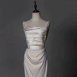 Niulatu Sheath Straps Long Satin White Wedding Dresses With Beads HZ1110