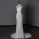 Niulatu Sheath Straps Long Satin White Wedding Dresses With Beads HZ1110