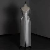 Niulatu A line Sweetheart Long Satin White Wedding Dresses With Silver Beads HZ1110