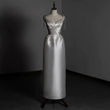 Niulatu A line Sweetheart Long Satin White Wedding Dresses With Silver Beads HZ1110