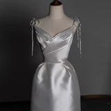 Niulatu A line Sweetheart Long Satin White Wedding Dresses With Silver Beads HZ1110