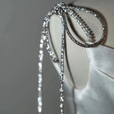 Niulatu A line Sweetheart Long Satin White Wedding Dresses With Silver Beads HZ1110