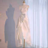 Niulatu High Low Sweetheart Long Satin White Wedding Dresses With Ruffles HZ1110