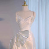 Niulatu High Low Sweetheart Long Satin White Wedding Dresses With Ruffles HZ1110