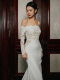Niulatu Mermaid Off The Shoulder Lace Long Sleeves White Wedding Dresses HZ1110