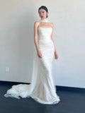 Niulatu Mermaid Strapless Tulle White Wedding Dresses With Ribbon HZ1110