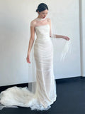 Niulatu Mermaid Strapless Tulle White Wedding Dresses With Ribbon HZ1110