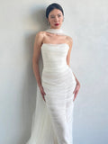Niulatu Mermaid Strapless Tulle White Wedding Dresses With Ribbon HZ1110